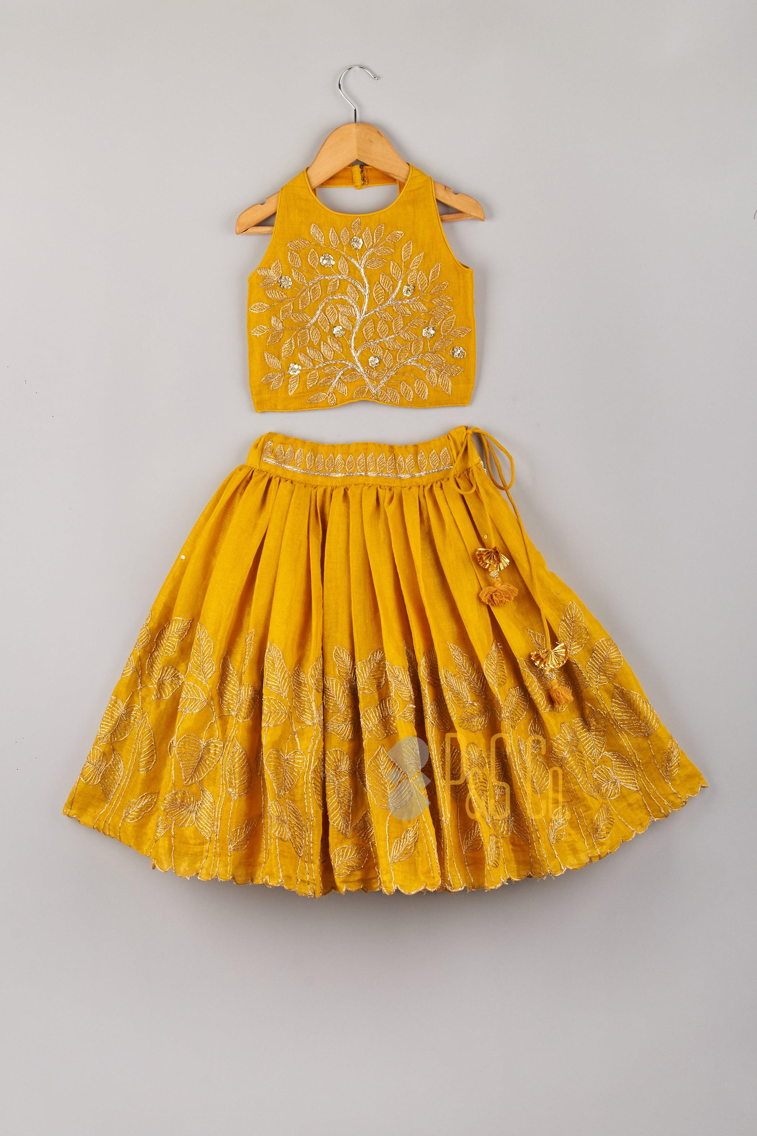 Keshariya Halter Neck Leaf Embroidered Lehenga & Blouse - P&S Company
