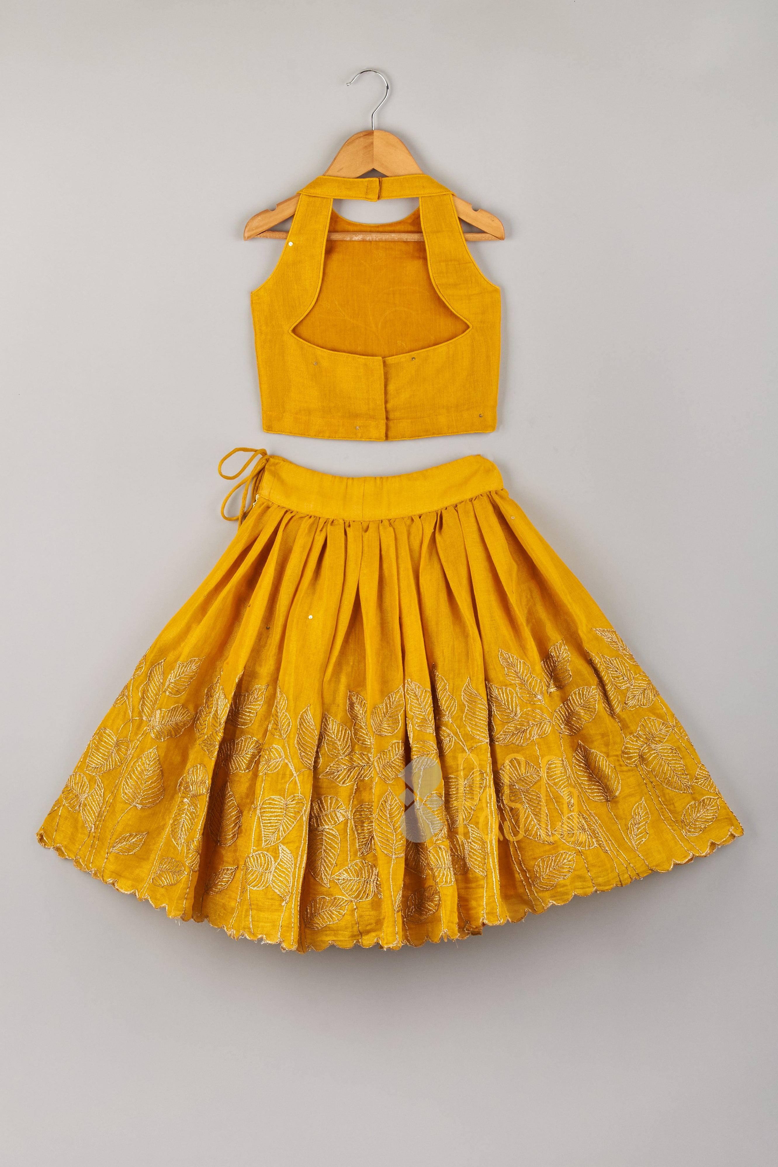 Keshariya Halter Neck Leaf Embroidered Lehenga & Blouse - P&S Company