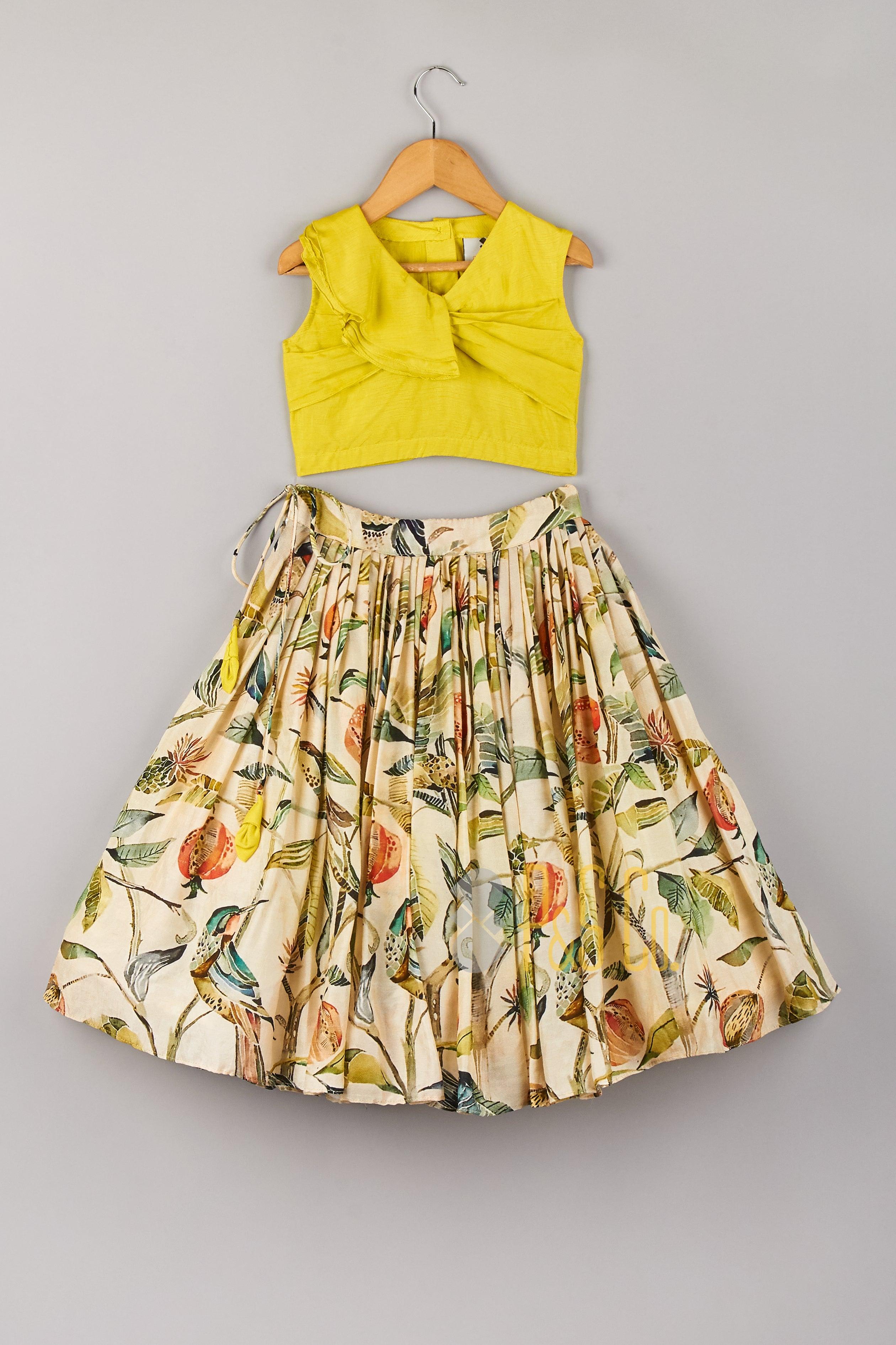 Stylish Lime Green Blouse & Leaf Pleated Lehenga - P&S Company