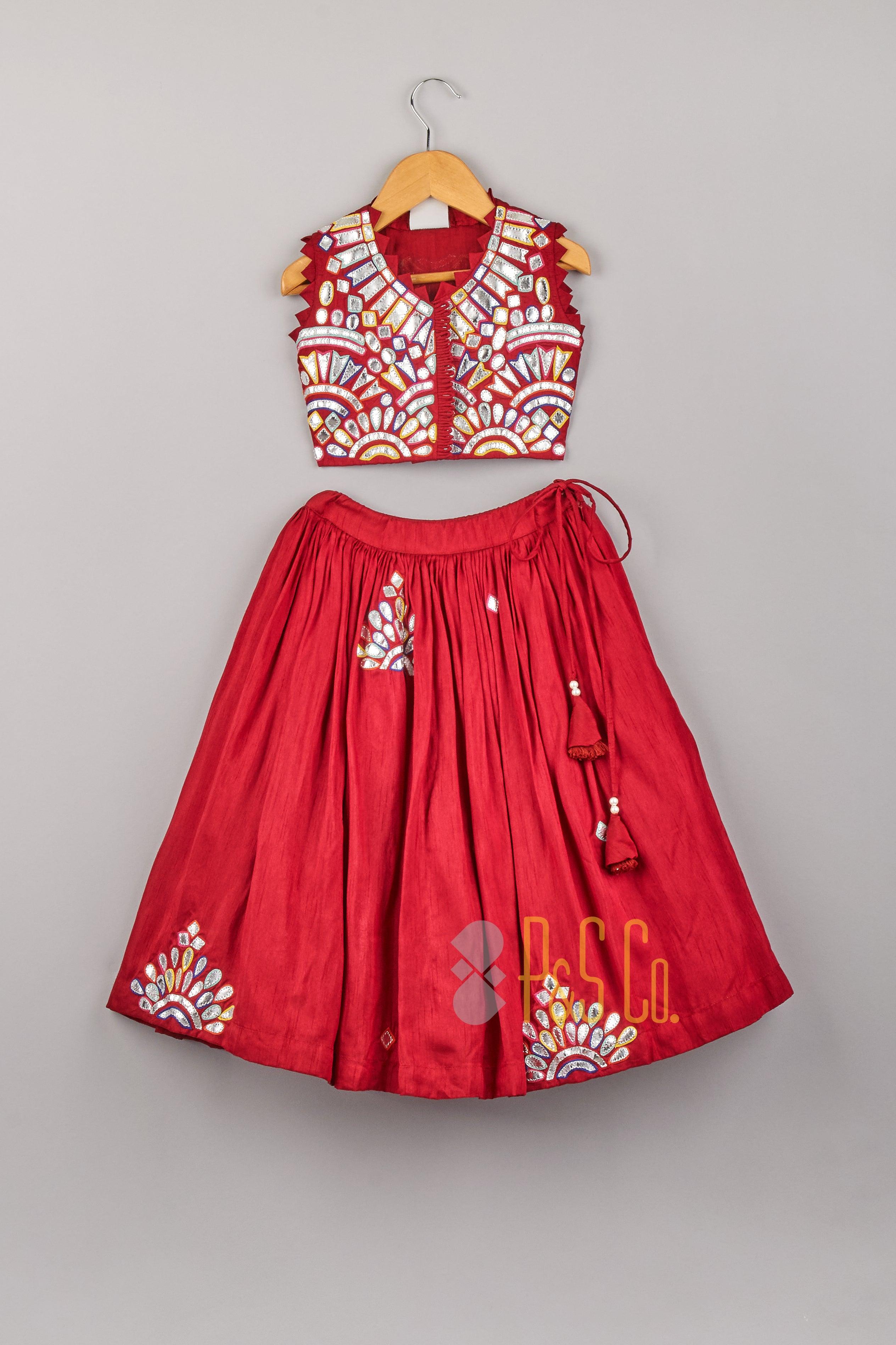 Red Abhla Work And Multi Colour Threadwork Top With Lehenga - P&S Company