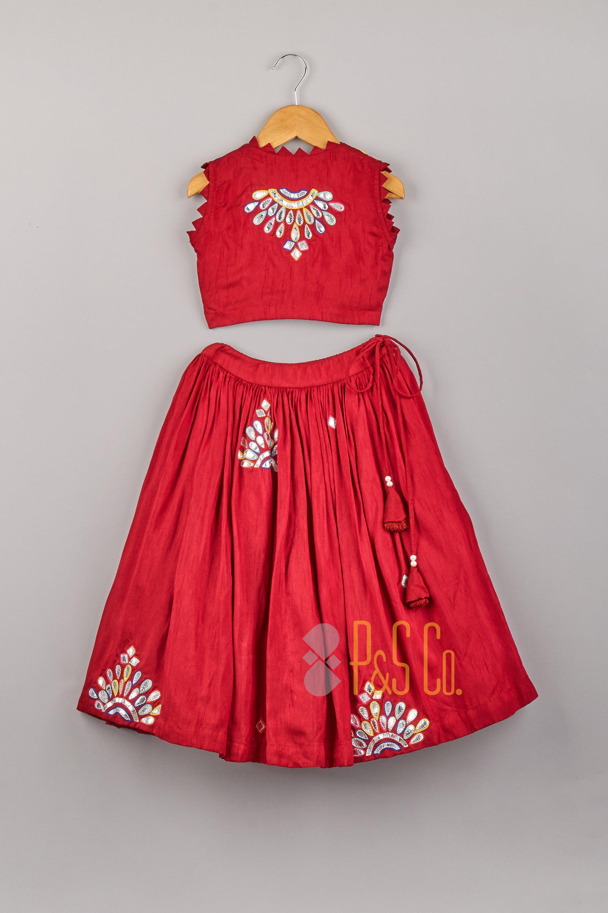 Red Abhla Work And Multi Colour Threadwork Top With Lehenga - P&S Company