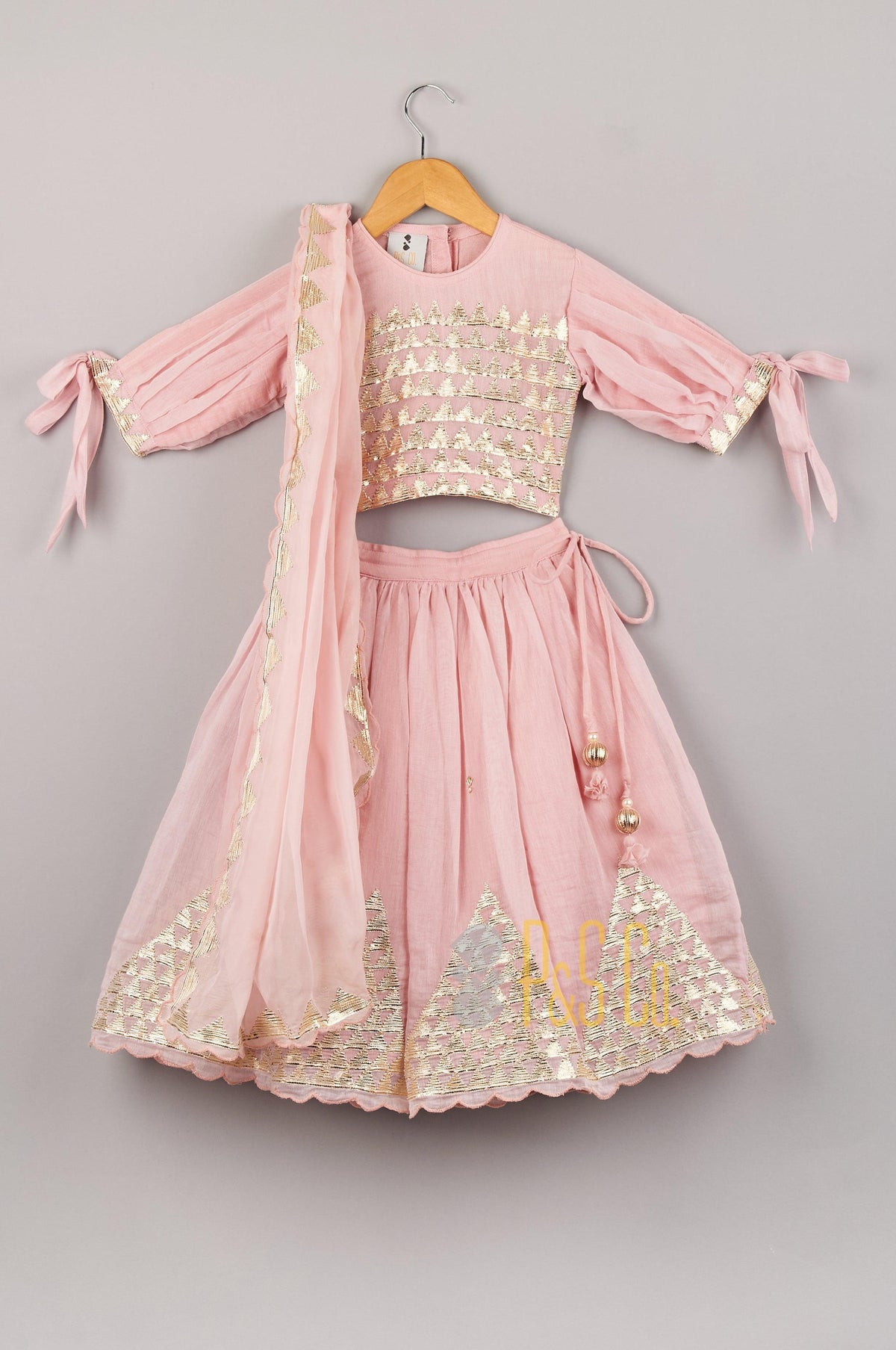 Pink Triangle Lace Work Top With Lehenga And Dupatta - P&S Company