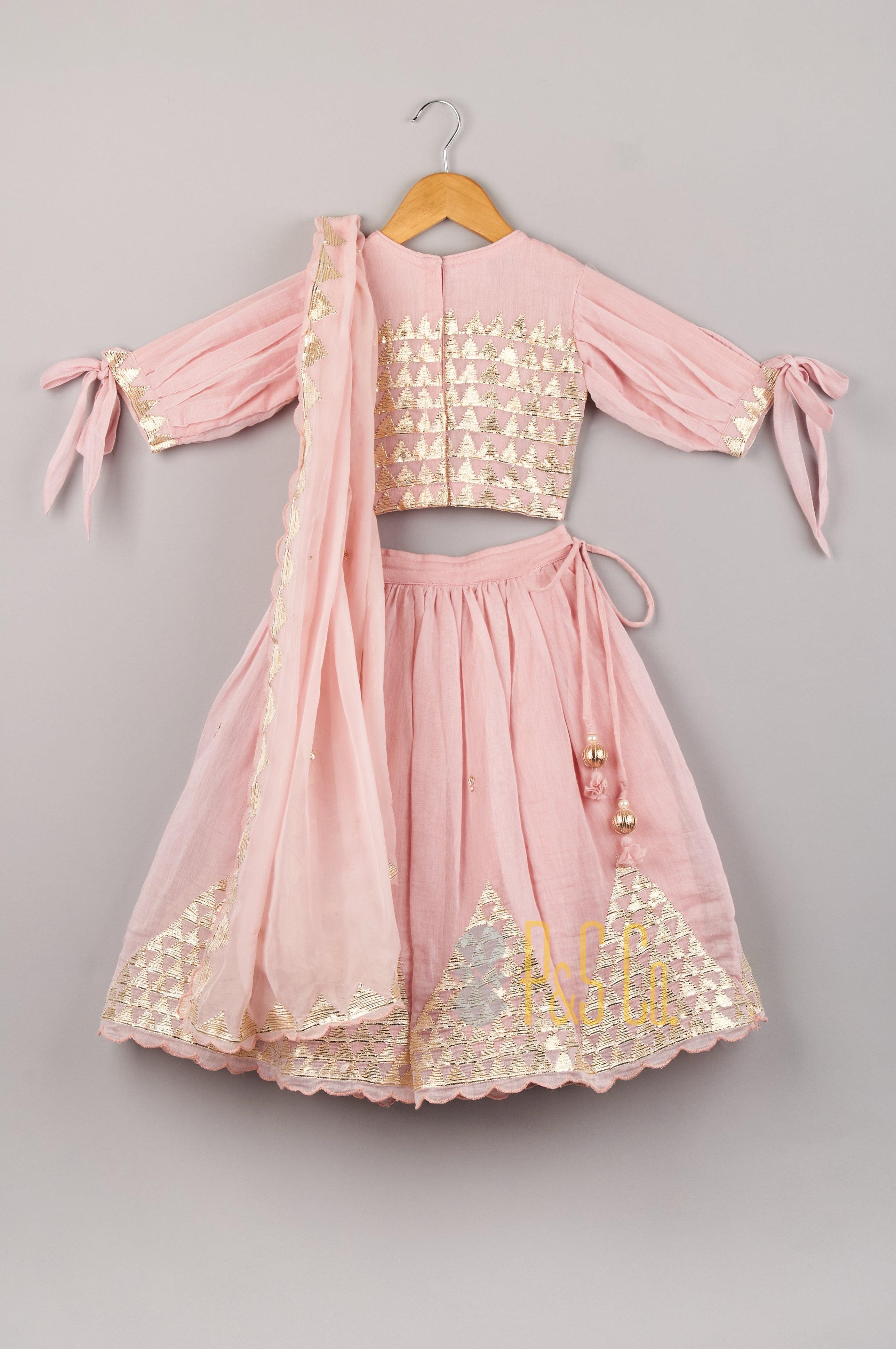 Pink Triangle Lace Work Top With Lehenga And Dupatta - P&S Company