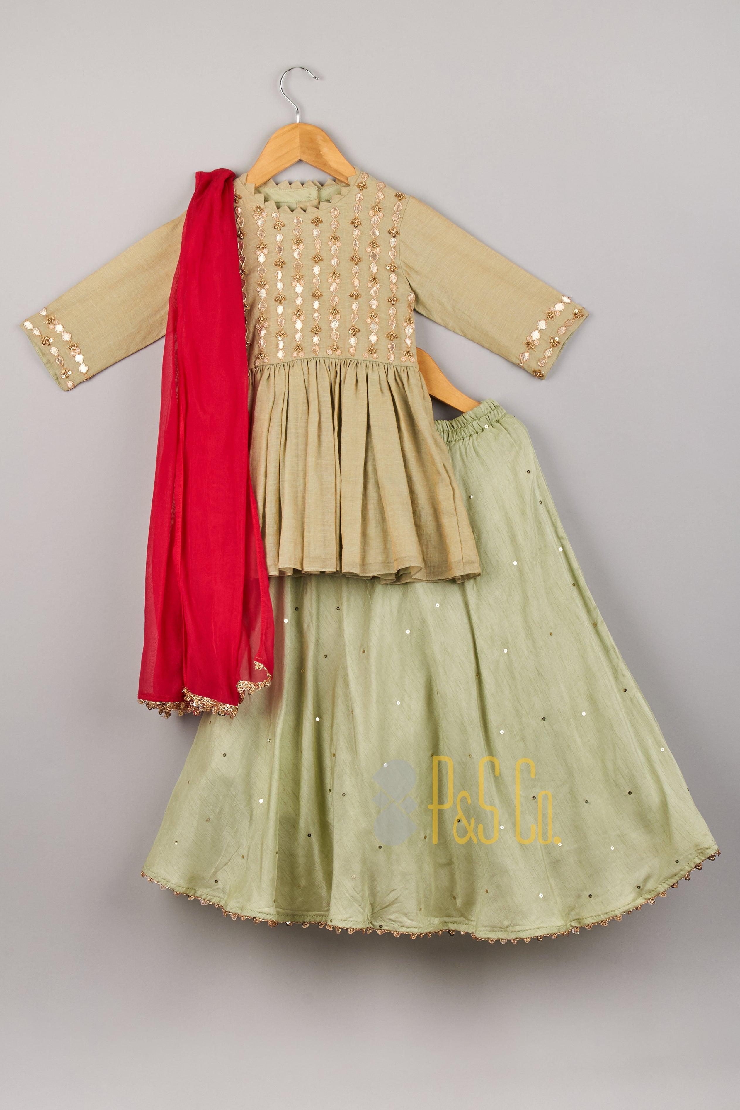 Pastel Green Gota and Sequin Embroidered Top With Lehenga And Dupatta - P&S Company