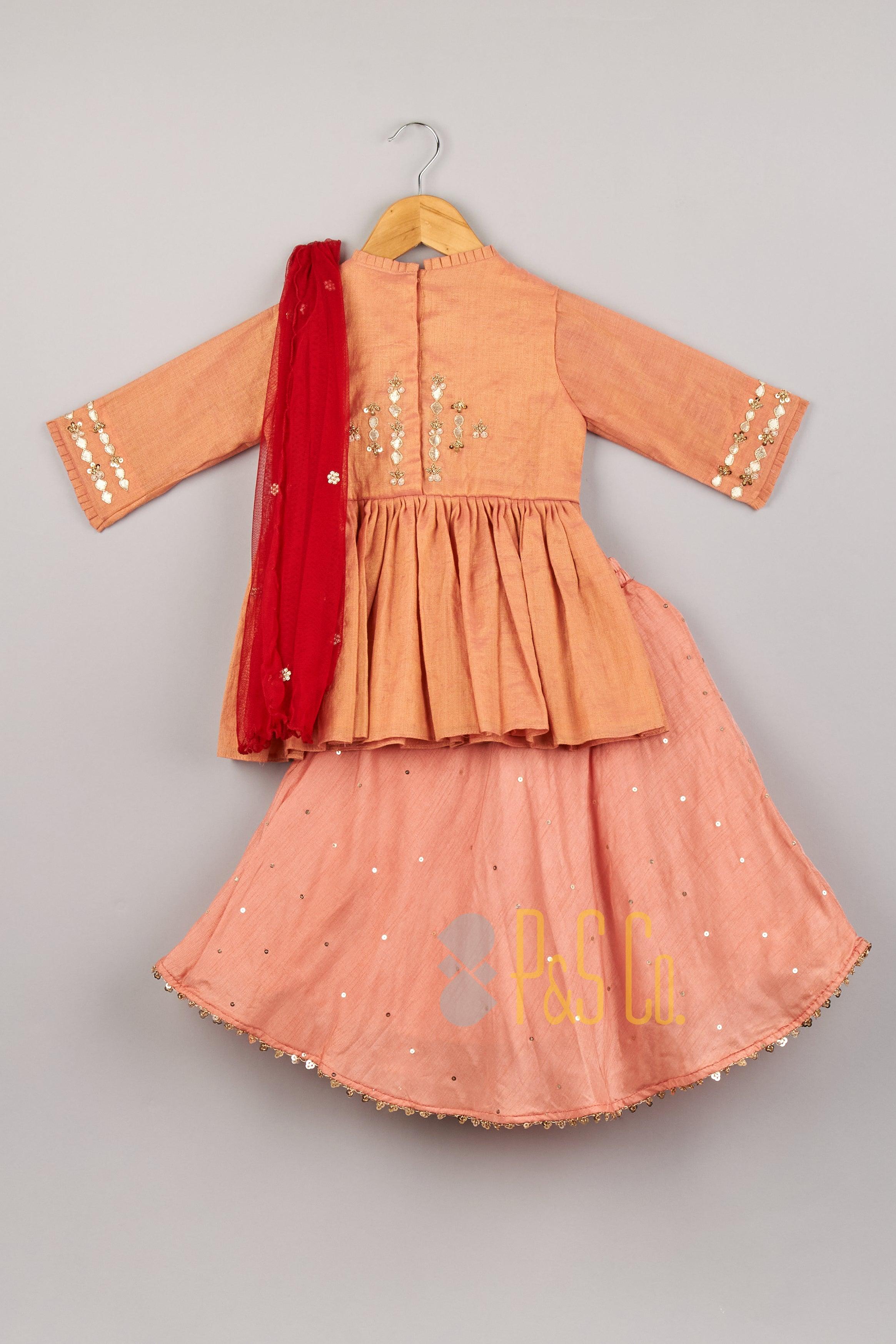 Peach Gota and Sequin Work And Embroidered Top With Lehenga And Dupatta - P&S Company