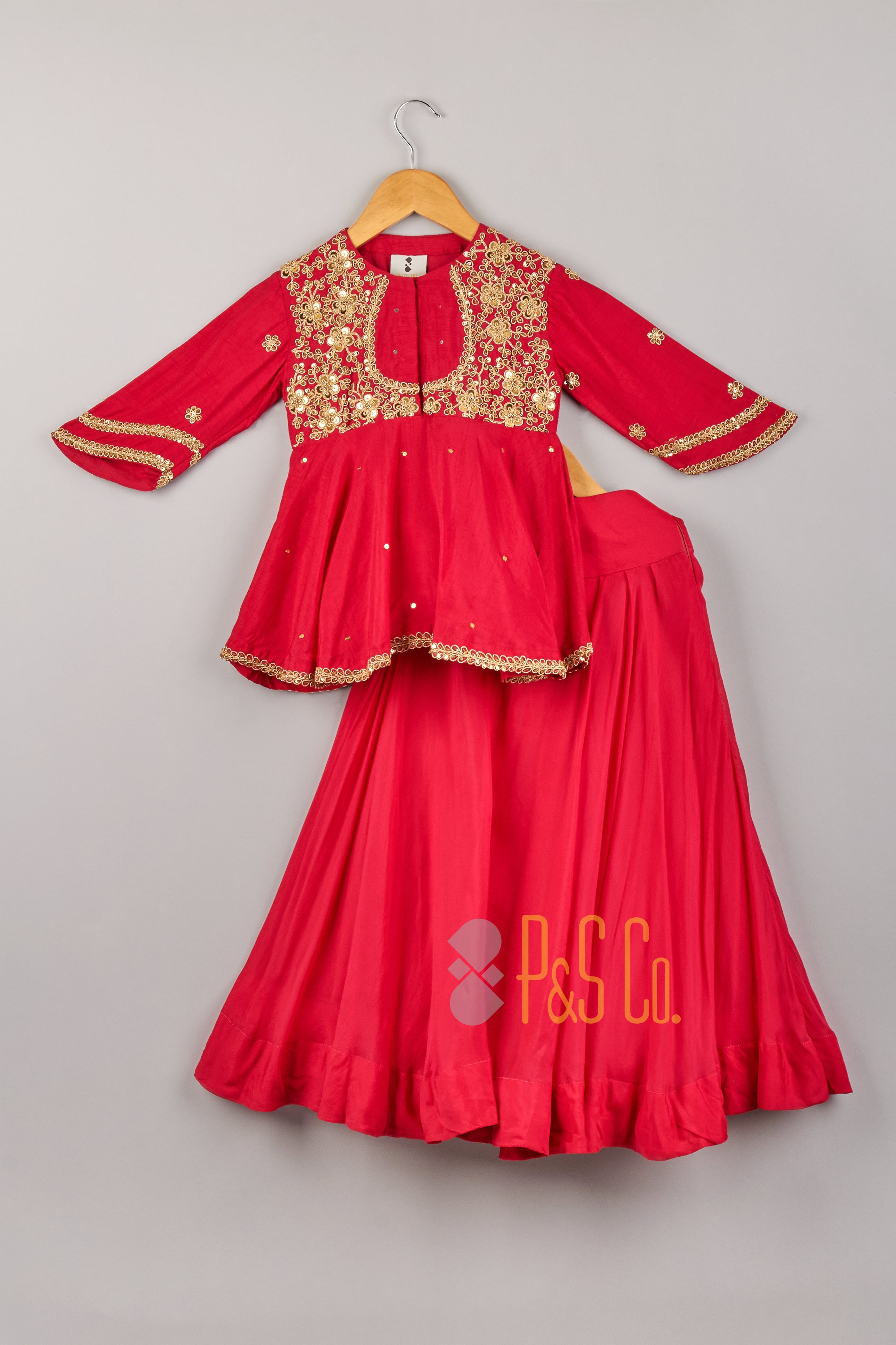 Red Peplum Kurta & Sharara With Potli - P&S Company