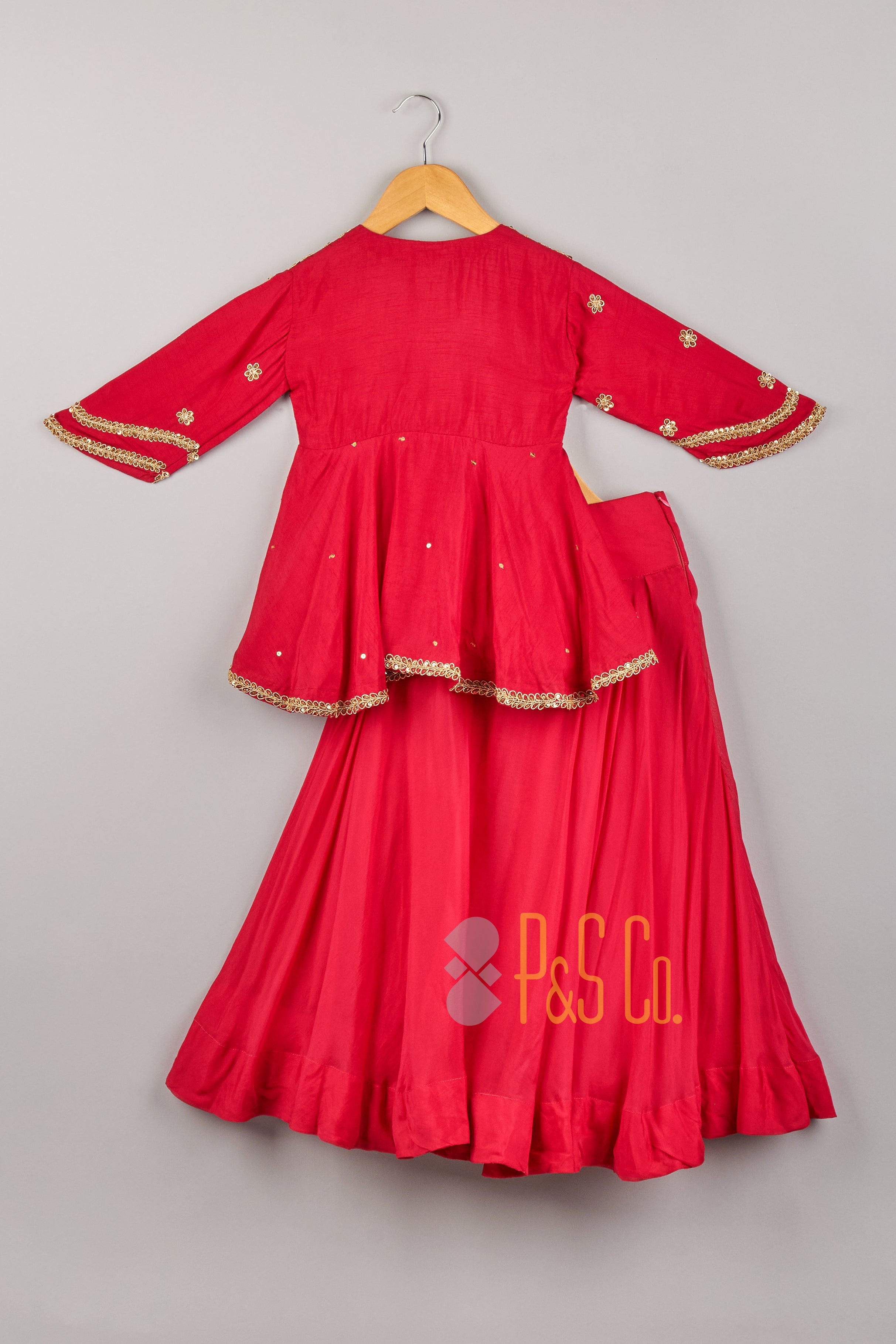 Red Peplum Kurta & Sharara With Potli - P&S Company