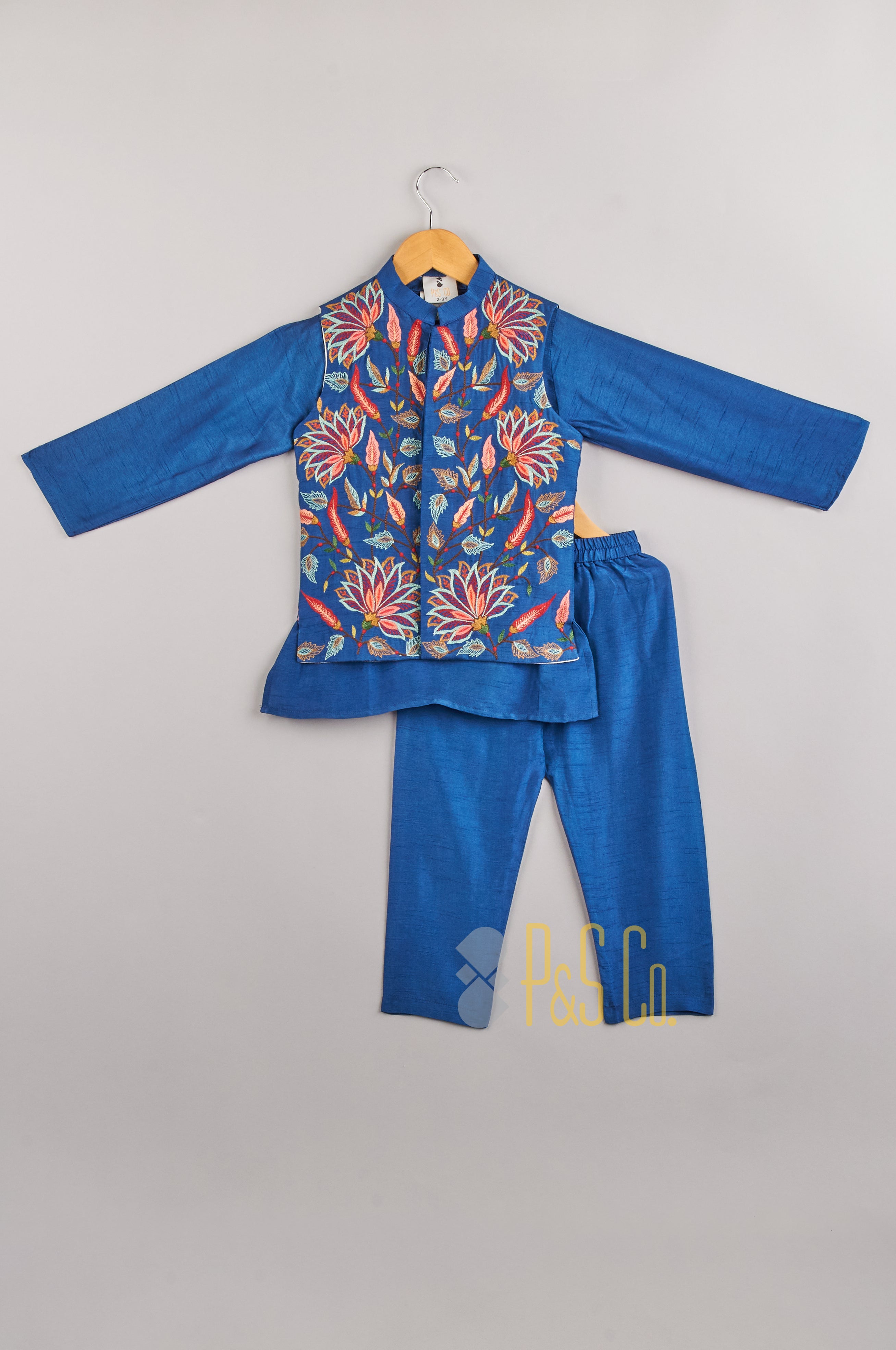 Silk Kurta With Lotus Embroidered Jacket And Pyjama - P&S Company