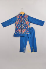 Silk Kurta With Lotus Embroidered Jacket And Pyjama - P&S Company