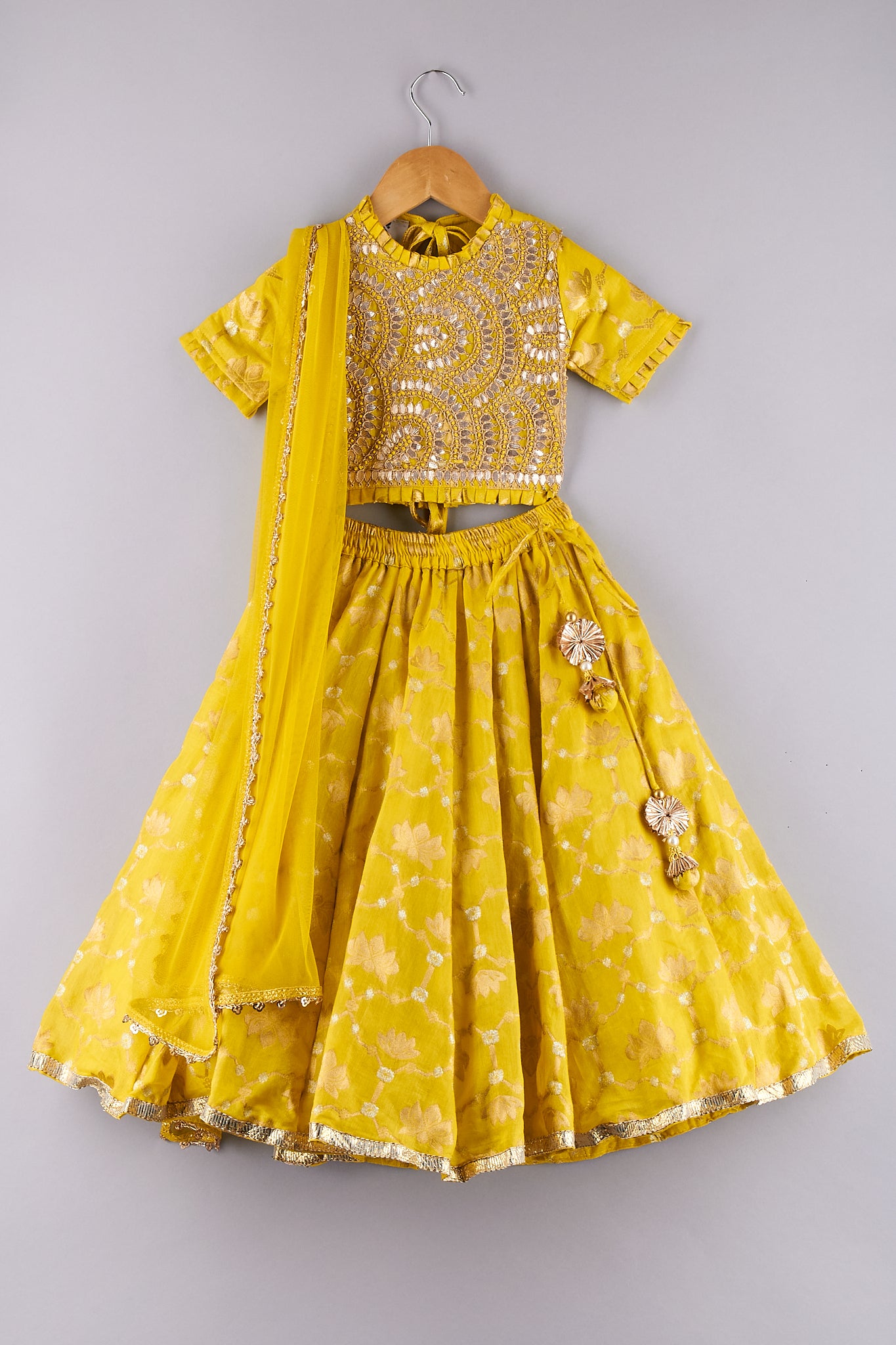 Gota Work Backless Choli And Shiny Lotus Thread Work Ghagra And Dupatta - P&S Company