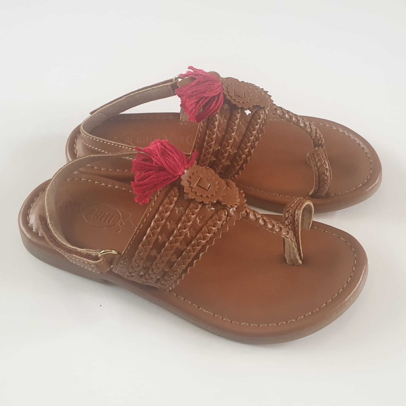 Tan Kolhapuri slippers with red funky tassels - P&S Company