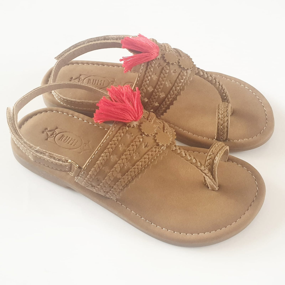 Beige traditional Kolhapuri slippers with funky red tassels - P&S Company