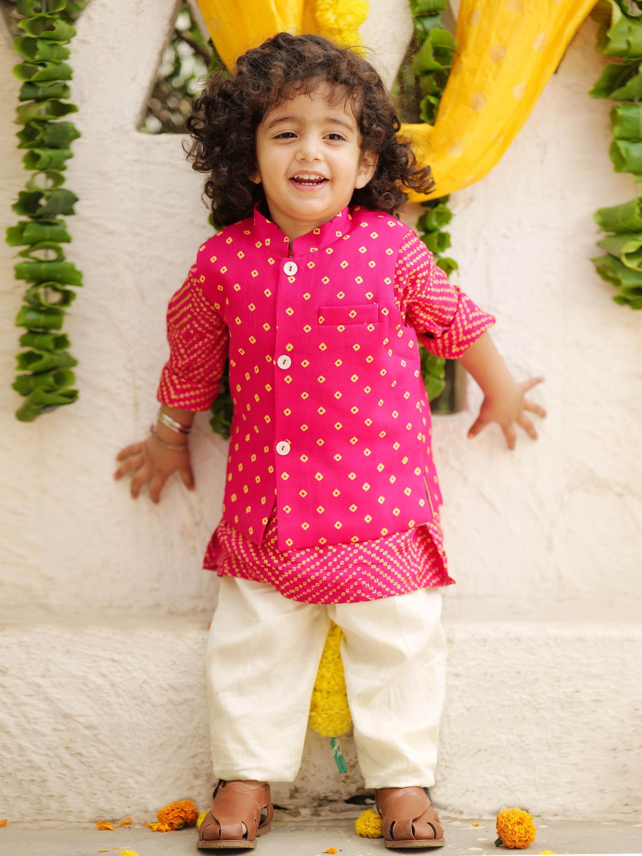 Pink Bandhani Printed Jacket And Kurta With Pyjama - P&S Company