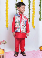 Multi Colour Floral Thread Work Jacket With Red Kurta And Pyjama - P&S Company