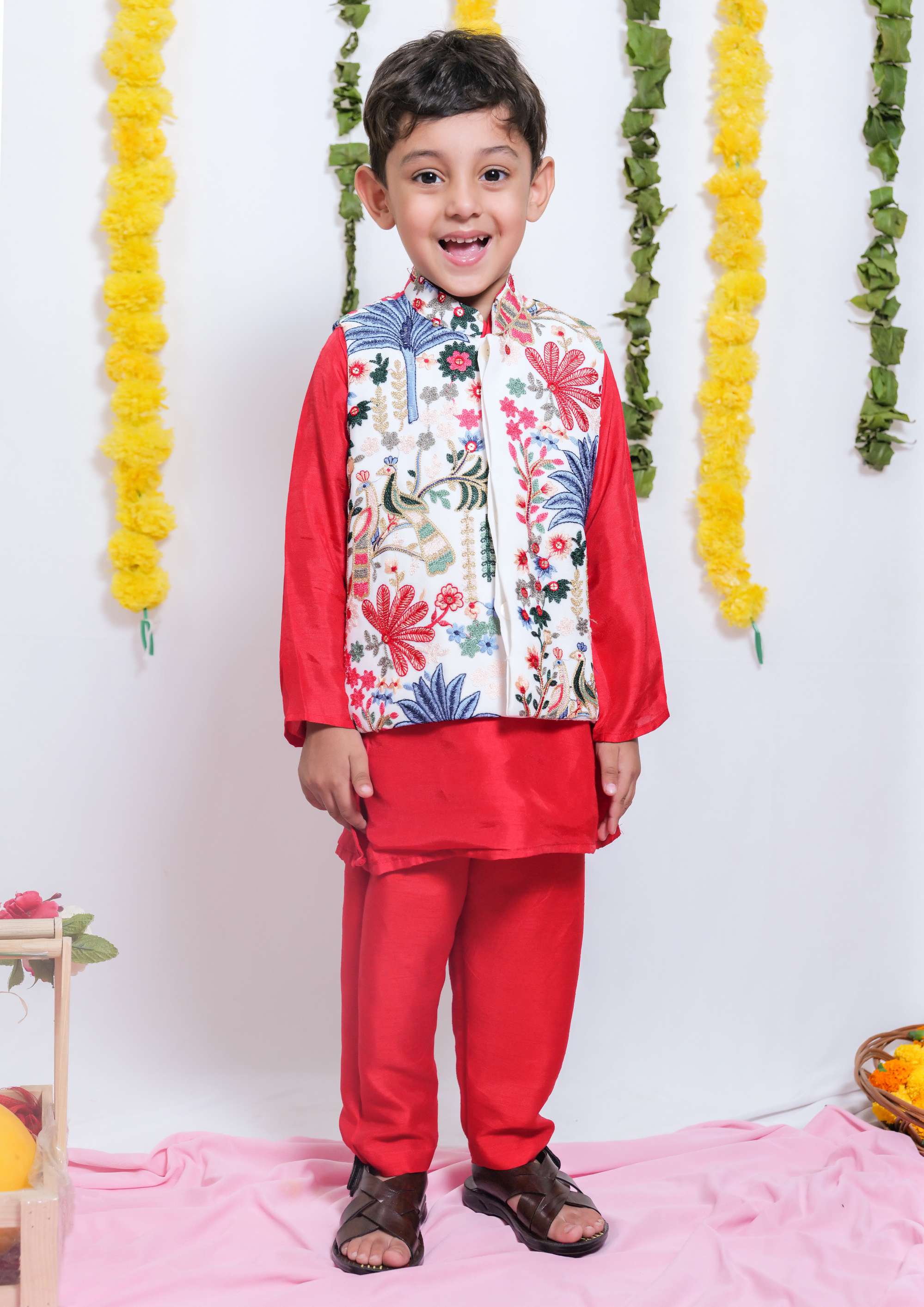 Multi Colour Floral Thread Work Jacket With Red Kurta And Pyjama - P&S Company