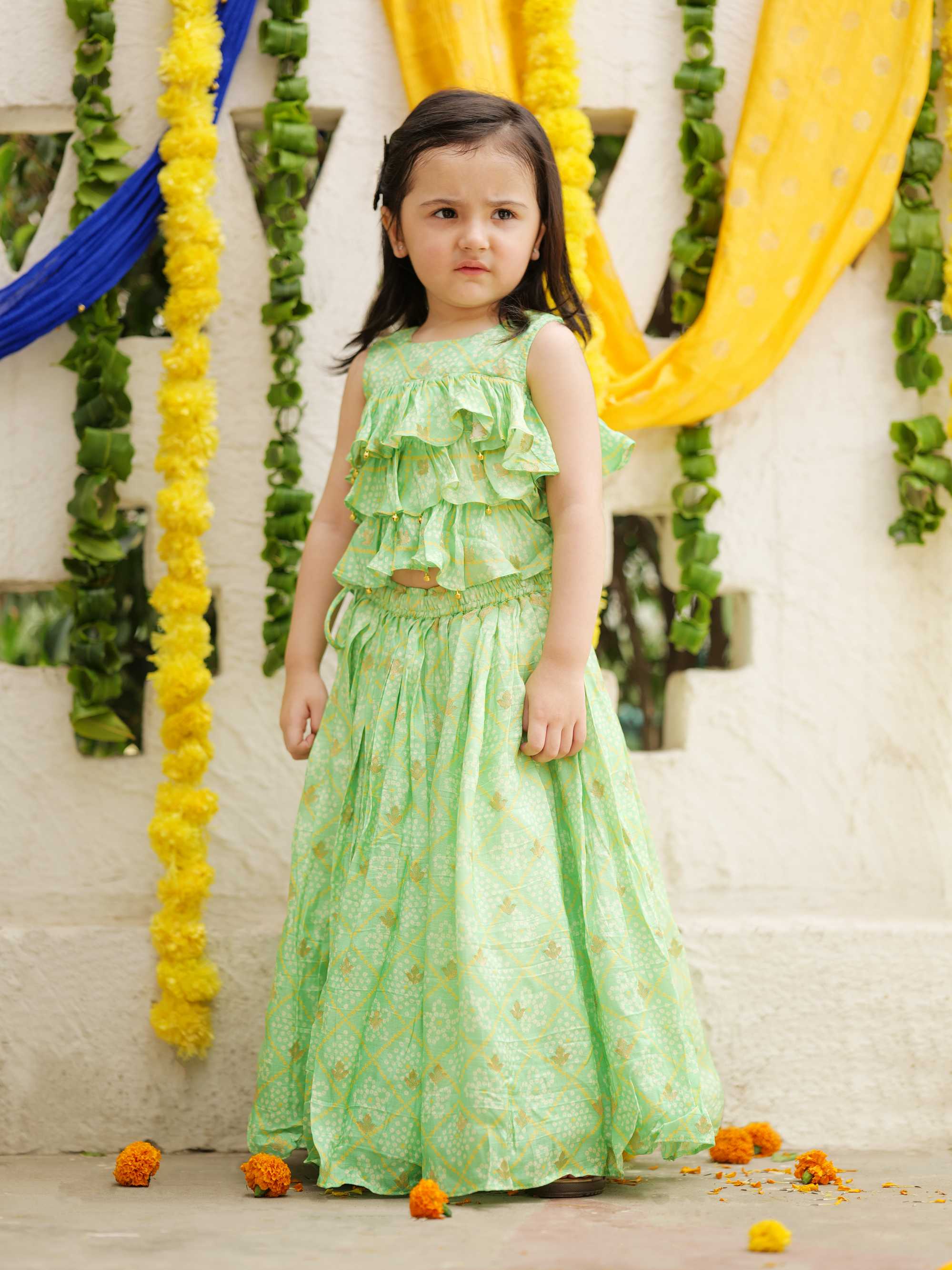 Bandhani Printed Frilly Layered Top With Lehenga - P&S Company