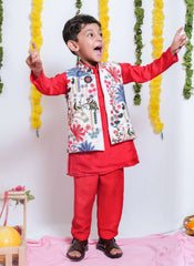 Multi Colour Floral Thread Work Jacket With Red Kurta And Pyjama - P&S Company