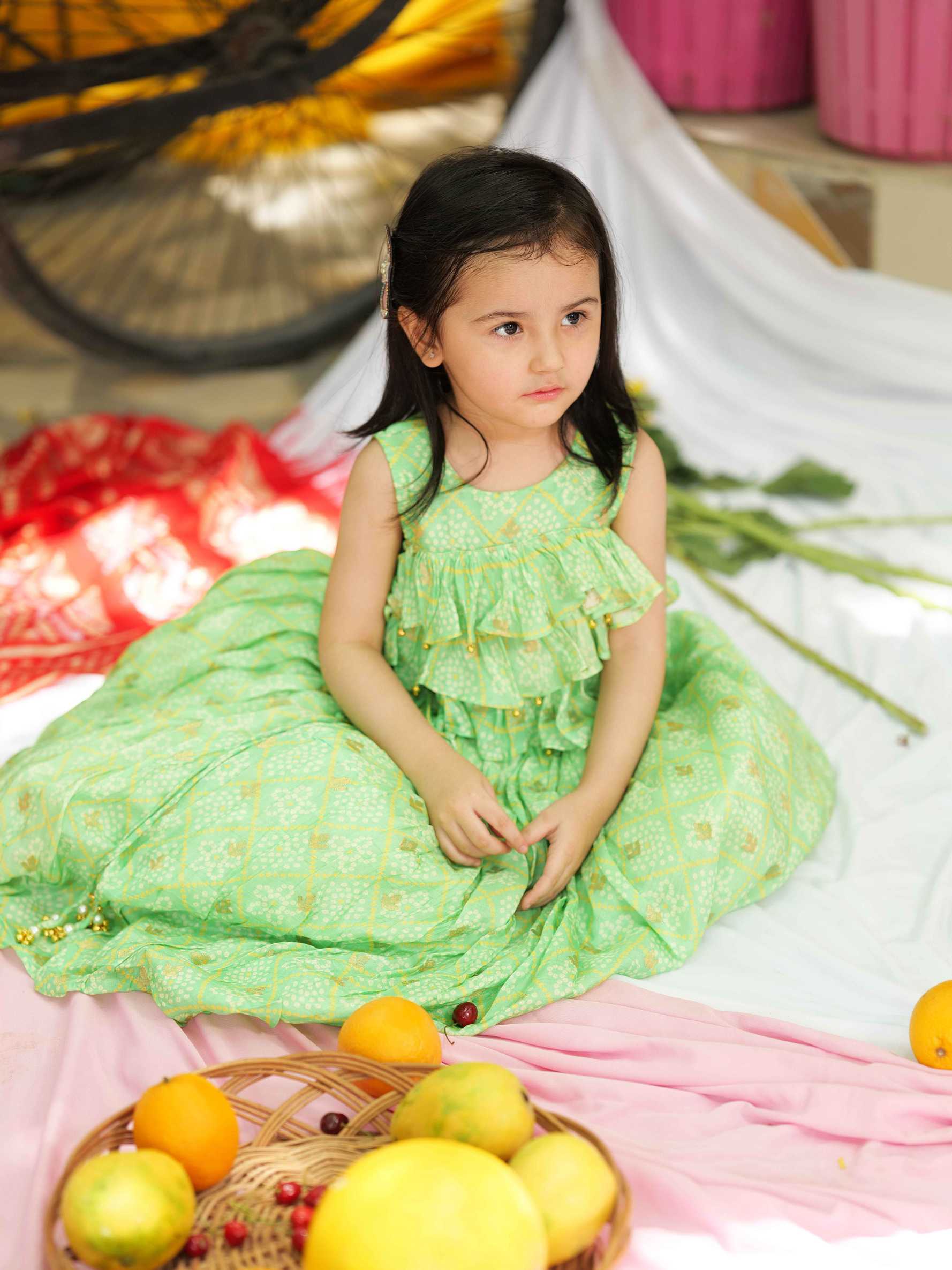 Bandhani Printed Frilly Layered Top With Lehenga - P&S Company
